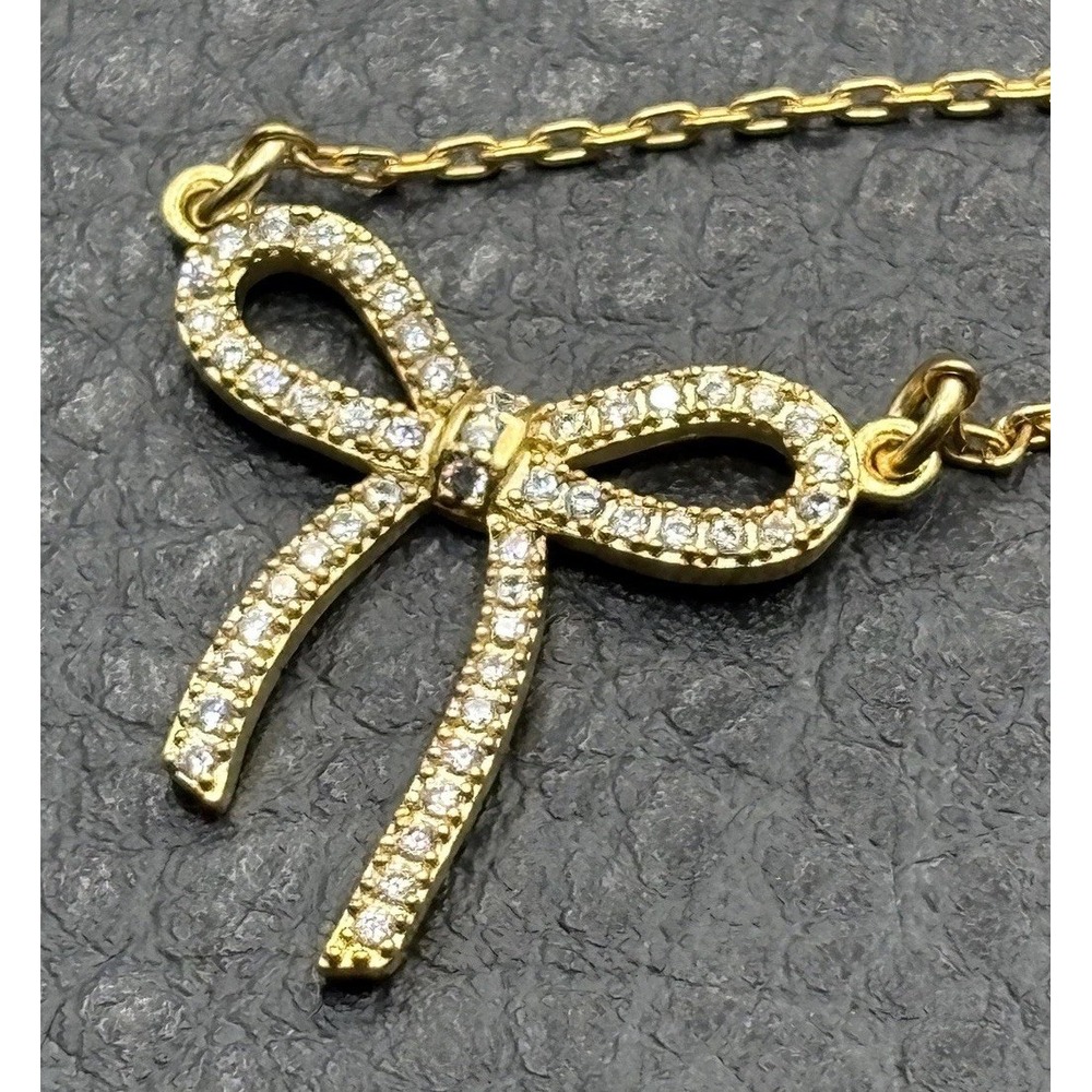VTG Catherine Popesco France Rhinestone Bow Pendant Necklace Gold Tone Dainty
